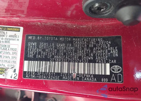 2005 Toyota Corolla Le z USA, uszkodzony, nr VIN 2T1BR32E75C374532